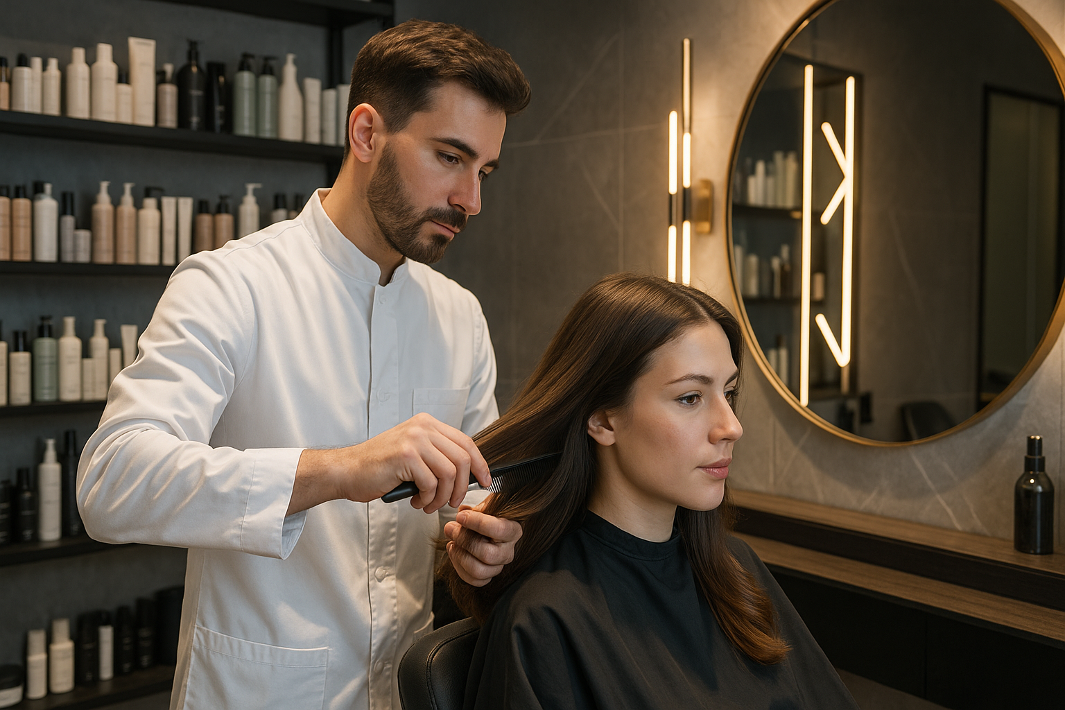 Stylista Szymojko Master podczas profesjonalnej stylizacji włosów w ekskluzywnym salonie w Warszawie