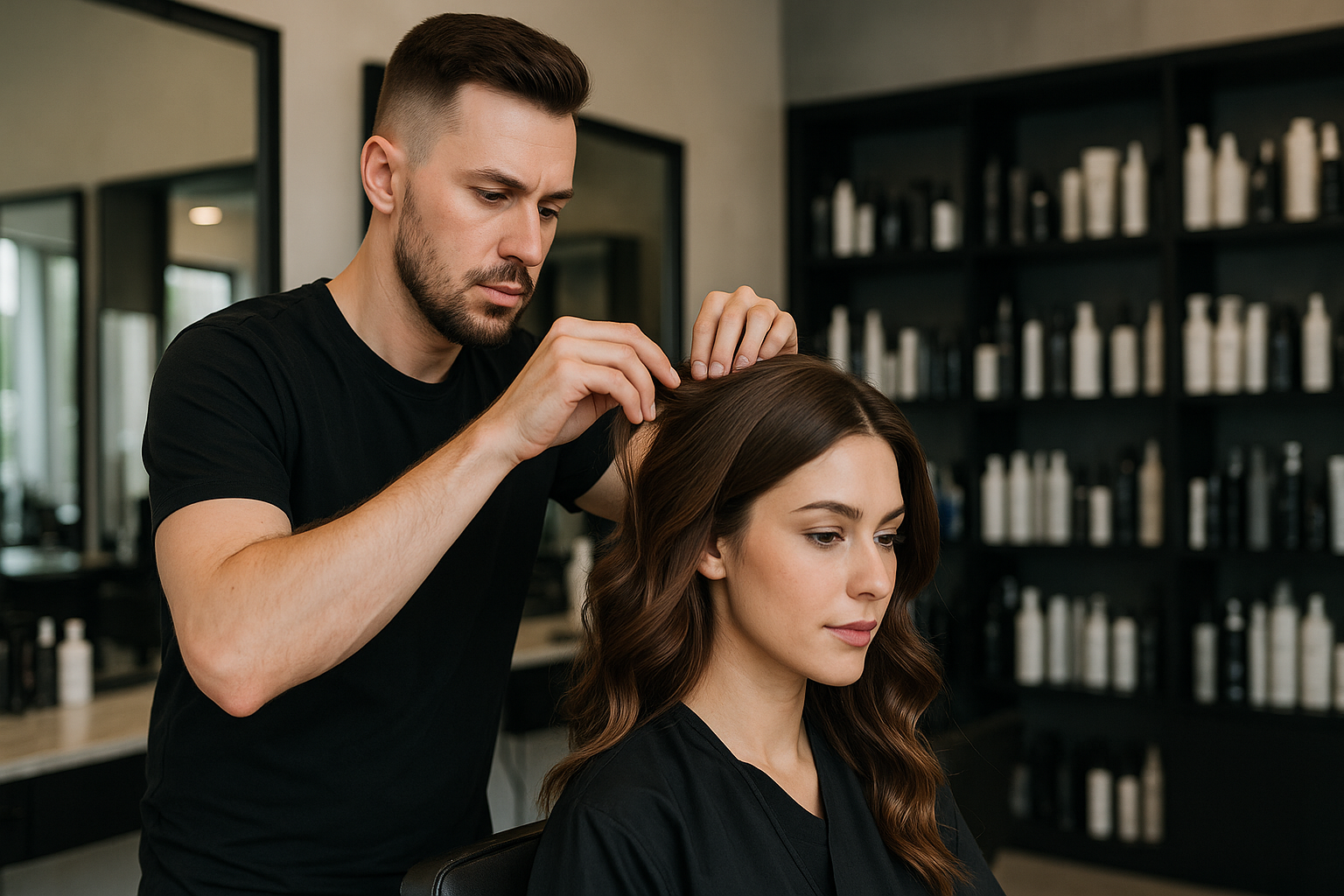 Fryzjer w Warszawie podcinający końcówki włosów klientki w salonie Szymojko Master