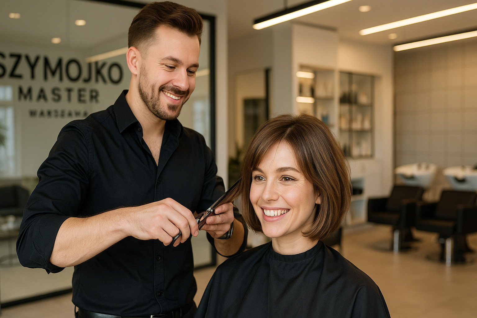 Fryzjer w Warszawie wykonuje odmładzające strzyżenie damskie soft bob klientce